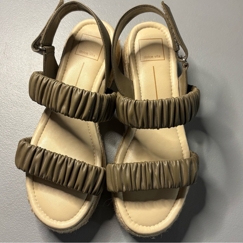 Dolce Vita Olive Green Ruched Strap Platform Sandals with Wedge